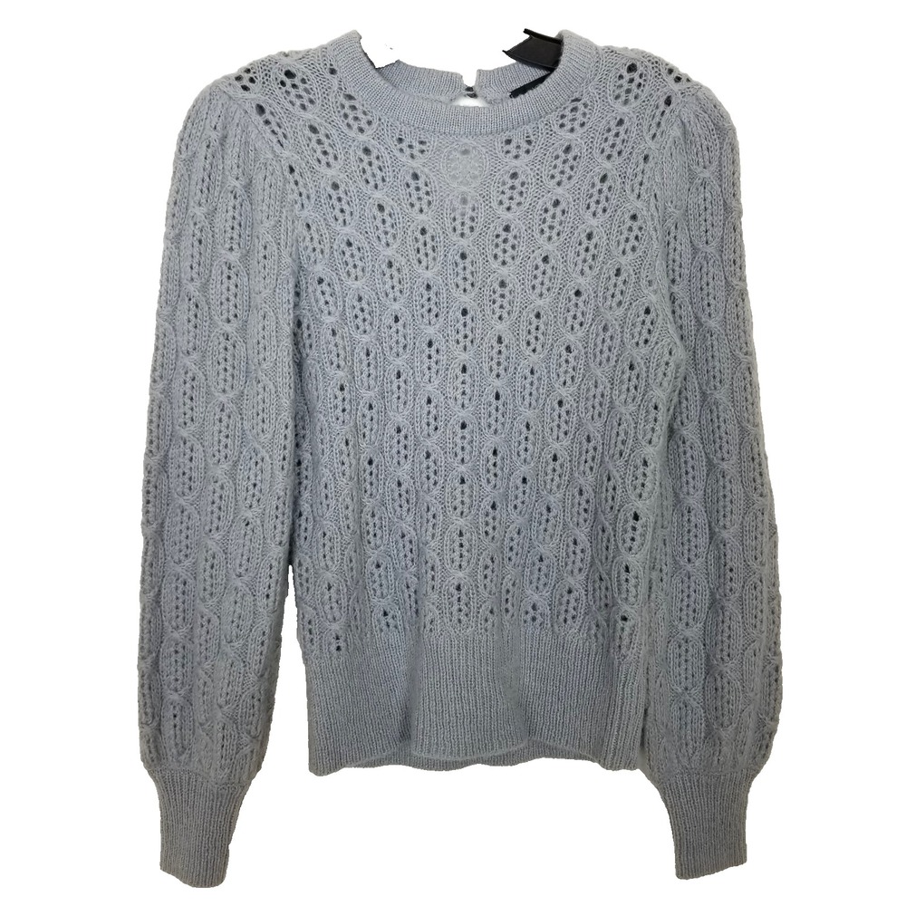 J. Crew Balloon Sleeve Cable Knit Sweater Sz‎ XS Blue Wool Alpaca Knit Pullover